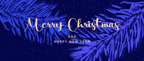 Merry Christmas and Happy New Year banner, postcard. Christmas blue background with fir tree branches and snow. vector