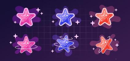 Glowing star stickers, y2k shapes with frames, stars, planets, spacial elements and liquid moving through portals. Retro graphic design elements. illustration. vector
