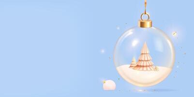A Christmas ball with a tree inside it on a blue background.3d render, vector