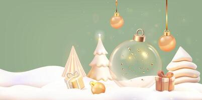 A Christmas scene with a snow globe, trees, gifts, and decor. 3d render, vector
