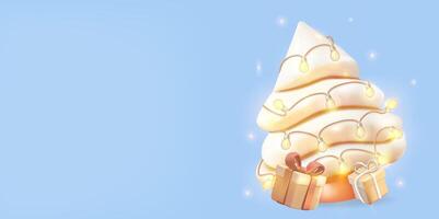 A Christmas tree with gifts and lights on a blue background. 3d render, vector