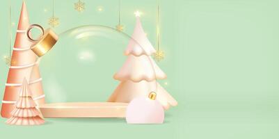 A decorated Christmas tree and snow globe on a green background. 3d render, vector