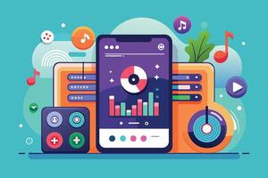 a phone with headphones and music notes on it, Screen mockup for a virtual reality interactive learning experience vector