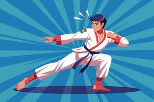 a man in karate gear doing a kick, Taekwondo fighter in a defensive pose vector