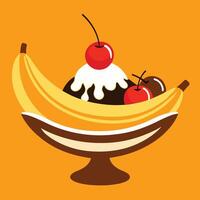 Enjoying a classic banana split dessert with cherries and toppings vector