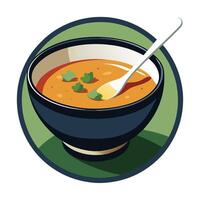 Bowl of soup with a spoon on a green background vector