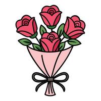 Valentines day bouquet with roses and green leaves in simple outline vector