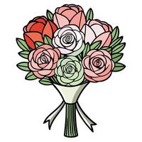 Elegant wedding bouquet design with colorful roses in a simple outline vector