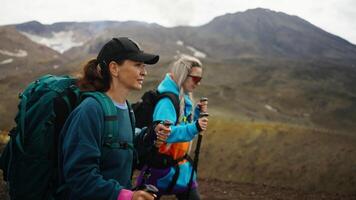 Middle-Aged Women Backpacking In Mountains, Side Portrait In Motion, Ladies Walking In Highlands video