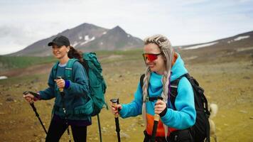 Active Lifestyle And Traveling, Medium Portrait Of Two Happy Women Hiking In Mountains video
