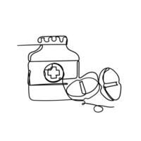 a line drawing of a bottle of pills and pills vector
