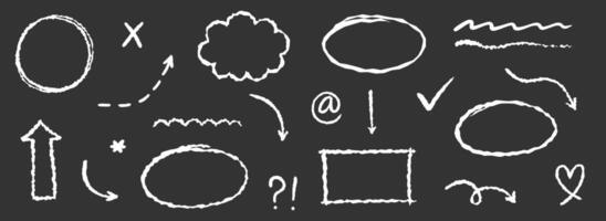 Chalkboard arrow, underline element set. Hand drawn sketch style arrow, oval and rectangle frame, underline on blackboard. Doodle grunge element set. vector