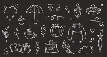 Autumn doodle chalkboard set. Hand drawn doodle sketch style nature fall season, autumn icon background. Autumn falling leaves, wind season, umbrella sketch elements. vector