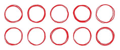Round brush stroke red stamp frame. Hand drawn rough scribble red effect line. Paint color crayon brush stroke frame. Scribble hand drawn grunge doodle circle set. vector
