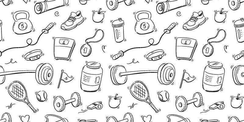 Doodle gym sketch health seamless pattern background. Hand drawn sketch doodle healthy sport, gym fit exercise equipment background. Hand drawn tennis ball, bottle, dumbbell fit.
