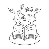 Line art illustration of an opened book with a lot of inspirations such as astronomy, math, and sains. Used for coloring book, coloring page, etc vector