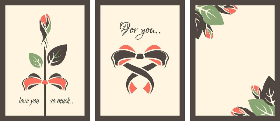 Valentines day cards with message of love. Set of retro posters for 14 February holiday. Romantic design with rosebud, cute bow in shape of heart, love text. flat illustration