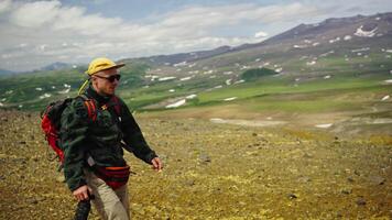 Extreme Trip In National Park, Exploring Kamchatka Peninsula, Portrait Of Traveler With Photo Camera video