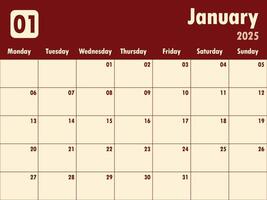 January 2025 calendar. A simple monthly planner to organize your month vector