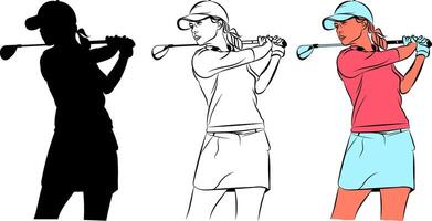 A female golfer in three different styles silhouette, line art, and color. She is in a powerful swing position, showcasing her athleticism and determination. vector