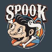 Happy Halloween Funny Spooky Vampire Head with bone and ghost for badge and label sticker, banner, patch, greeting card, t-shirt and invitation retro cartoon illustration vector