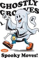 halloween character funny walking ghost with bat for badge and label sticker, banner, patch, greeting card, t-shirt and invitation in a cartoon retro groove style illustration vector