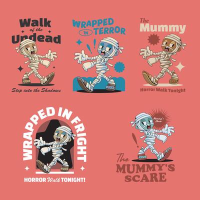 Set of Halloween Horror Cute Running and Chasing Mummies Egypt Retro Vintage Mascot Character Cartoon Illustration Design