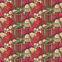 Seamless Merry Christmas Happy New Year Pattern Cute Cartoon Retro Illustration Style with Ring Bells Red Ribbon Gift Boxes pattern set for fabric, linen, textiles vector
