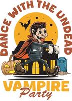 halloween character walking vampire with Bat, pumpkin in castle for badge and label sticker, banner, patch, greeting card, t-shirt and invitation in a cartoon retro groove style illustration vector