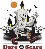 halloween character walking ghost in horror castle for badge and label sticker, banner, patch, greeting card, t-shirt and invitation in a cartoon retro groove style illustration vector