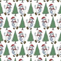 Seamless Merry Christmas Pattern Cute Cartoon Retro Illustration Style with Snowman Christmas Tree Character pattern set for fabric, linen, textiles and wallpaper vector