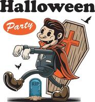 halloween character walking vampire with casket for badge and label sticker, banner, patch, greeting card, t-shirt and invitation in a cartoon retro groove style illustration vector