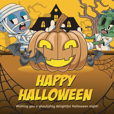Happy Halloween greeting Night with Pumpkin Mummy Bat Zombie Castle spooky elements for scary night decoration illustration
