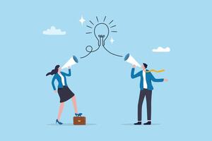 Communication message, announcement or conversation to communicate idea, information or discussion speech, advertising strategy, speaking or talk concept, business people talk on megaphone with idea. vector