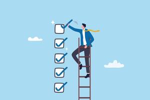 Criteria checklist report, evaluation list, complete checkbox, finish work, to do list or task done, quality assurance control, checkmark concept, businessman put tick on completion checklist. vector