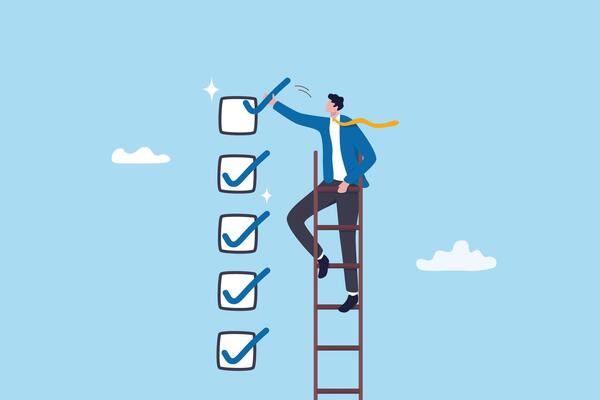 Criteria checklist report, evaluation list, complete checkbox, finish work, to do list or task done, quality assurance control, checkmark concept, businessman put tick on completion checklist.