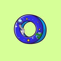 Circle Shape With UFO In a Space Cartoon Illustration. Science Technology Concept. Flat Cartoon Outline Style. vector
