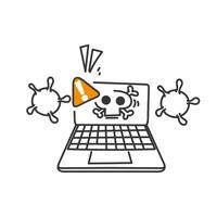 a laptop with a virus on it and a skull warning vector
