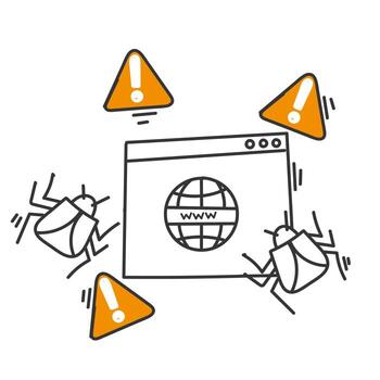 a cartoon of a web page with a virus and a warning sign vector