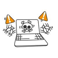 a cartoon image of a laptop with a skull and a warning sign bug virus vector