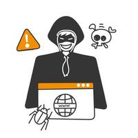 a man in a hoodie holding web page virus attack warning illustration in doodle vector
