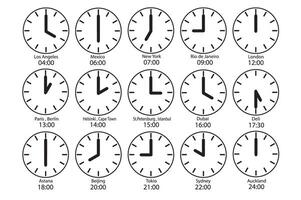 Clock icons set. Dial with hands. Different time. Black and white illustration. vector