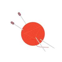 Skein of thread for knitting and knitting needles. Red clew ball of thread isolated on white background. Flat illustration of Knitting needles and clew. Ball of yarn for handmade. vector