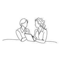 Two professional women conversing over a tablet continuous line art flat illustration vector