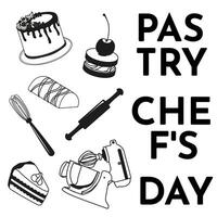 set of cakes and pastry utensils. Image of confectionery products with equipment. Pastry Chef Day concept. vector