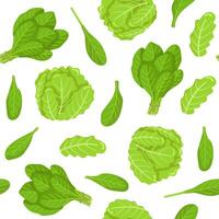 Iceberg lettuce and spinach seamless pattern. Fresh greenery image from the garden. Vegetarian food. Botanical illustration. vector