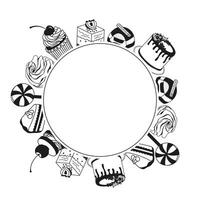image of cakes and pastries in a circle. Image of confectionery products with space for text. Sweet pastries in doodle style. vector