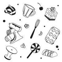 set of cakes, candies and pastry utensils with berries. Image of confectionery sweet food with mixer, whisk and measuring cup. Pastry Chef Day concept vector