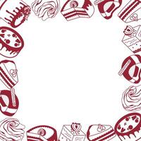 frame of cakes and pastries. Image of confectionery with space for text. Sweet pastries in doodle style. vector