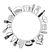 image of items for a pastry chef. Image of kitchen utensils with space for text. Pastry equipment in doodle style. vector
